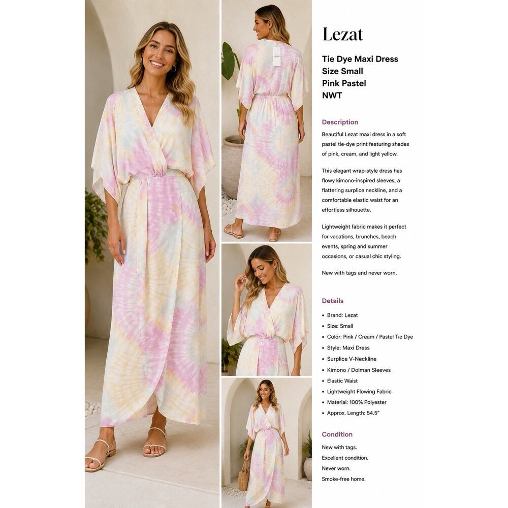 Lezat Tie Dye Maxi Dress Women’s Size Small Pink Pastel Kimono Sleeve Wrap NWT